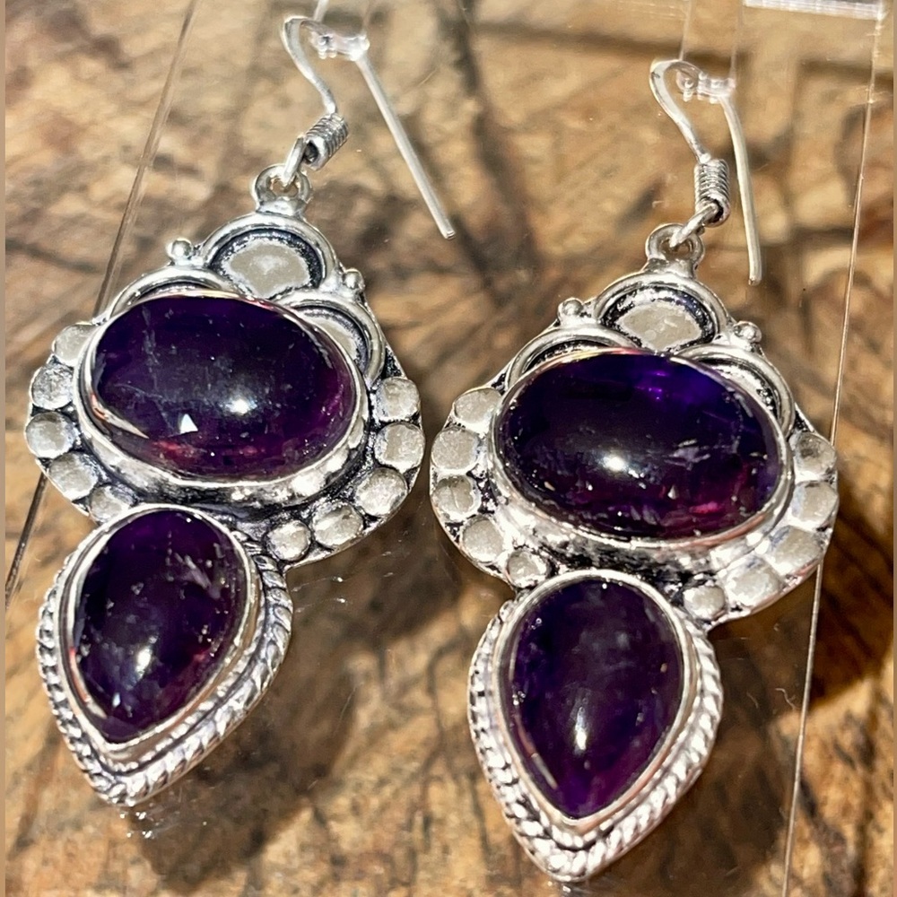 Dark Purple Glossy Amethyst Earrings 2 1/4”